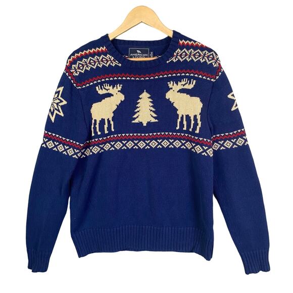 American Living Mens Small Sweater Crewneck Fair Isle Moose Christmas Blue - Picture 1 of 12